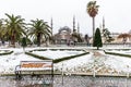 Snowy day in Sultanahmet Square and Blue Mosque. Istanbul, Turkey Royalty Free Stock Photo