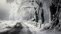 Snowy Day Woods Middle Mud Road Grass Next to Haze Black And White Landscape AI Generative