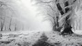 Snowy Day Woods Middle Mud Road Grass Next to Haze Black And White Landscape AI Generative