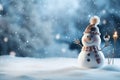 Snowy Delights Christmas Winter Background with Snowman and Blurred Bokeh - Merry Christmas and Happy New Year Greeting Card with Royalty Free Stock Photo