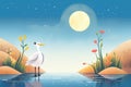 snowy egret standing by a lake with bright moon in backdrop