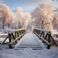 A snowy embrace for a charming wooden bridge on a winter day