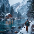 Snowy escape Adventurous travelers discovering hidden gems in winter getaways Royalty Free Stock Photo