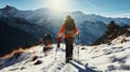 Snowy Expeditions. Hikers Embrace Mountain Serenity with Snowshoes. Generative AI