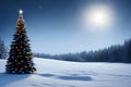 Landscape of a Christmas tree illuminated with festive lights in a snowy moonlit field. Generative AI