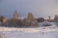 Snowy field at sunset in winter. Beautiful sky. The sky before the snow. Gray sky and sun. Evening sun Winter sunset Royalty Free Stock Photo