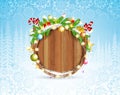 Snowy fir tree branch cones and presents on round wood border. Winter forest christmas horizontal background Royalty Free Stock Photo
