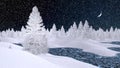 Snowy firs and frozen river at snowfall night Royalty Free Stock Photo