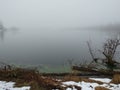 Winter fog snowy country side lake