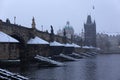 Snowy foggy Prague Old Town in Snowstorm, Czech republic