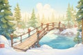 snowy footbridge over stream with pine trees around