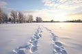 snowy footprints leading to a frozen lake Royalty Free Stock Photo