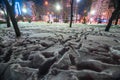 Snowy footprints in night illuminated park Royalty Free Stock Photo