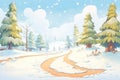 snowy footprints winding down road with pines Royalty Free Stock Photo