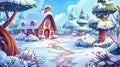 Snowy forest with cottages under white snow, gardens with trees and bushes, modern cartoon illustration. Royalty Free Stock Photo
