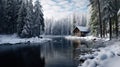 winter tranquility, A snowy forest with a frozen lake and a wooden cabin