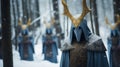 Snowy Forest Monks: A Cinematic Still Of Horned People In Dark Cyan And Gold Royalty Free Stock Photo