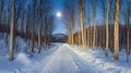 Snowy Forest Path with Full Moon Royalty Free Stock Photo