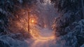 A Snowy Forest Path Illuminated by a Single Lantern Royalty Free Stock Photo