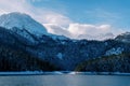 Snowy forest on the slope of Black Mountain on the shore of Black Lake. Durmitor National Park, Montenegro