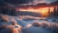 Snowy forest at sunset, gentle slope with snow and pine trees, snow-covered plants twilight sky. AI Generated Royalty Free Stock Photo