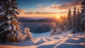 Snowy forest at sunset, gentle slope with snow and pine trees. AI Generated Royalty Free Stock Photo