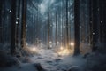 Snowy forest with tall trees covered in snow. In the center of the image, there\'s a small clearing. Royalty Free Stock Photo