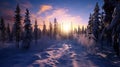a snowy forest with trees and a bright sun