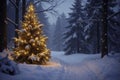 Snowy forest with twinkling lights and festive garland, tree, garland Royalty Free Stock Photo