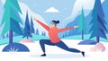 A snowy forest in VR where a person practices a mindful movement and stretching routine to increase circulation and