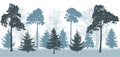 Snowy forest in winter, silhouette of trees pines, spruces, oak, etc.. Vector illustration