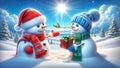 Snowy Friends: Christmas Gift-Giving Snowmen with Santa Hat and Blue Beanie in a Magical Winter Forest Setting