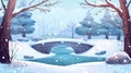 Snowy, frozen lake and woods set in a city public park in winter with a stone bridge crossing over a river or pond Royalty Free Stock Photo