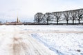 snowy garden on Spit of Vasilyevsky Island Royalty Free Stock Photo