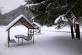 Snowy Gazebos in Winter Mountain Meadow