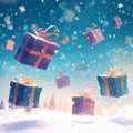 Snowy gifting Gift boxes soaring in a charming snowy landscape