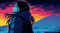 Snowy Girl Admiring Sunset: Simple, Colorful Illustration By Justin Bua