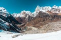 Snowy Glacier and Mountains Panorama Valley and Lakes in Himalaya