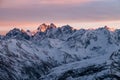 Snowy Greater Caucasus ridge. Mount. Ushba. Sunset. Panoramic view. Elbrus region, Kabardino-Balkaria, Russia