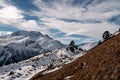 Snowy Greater Caucasus ridge. Sunny day. Before suset. View from 3500m Royalty Free Stock Photo