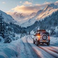 Snowy highway adventure Road trippers documenting their winter travel diaries Royalty Free Stock Photo