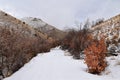 Snowy Hiking Trail views towards Lake Mountains Peak via Israel Canyon road towards Radio Towers in winter, Utah Lake, Wasatch Fro Royalty Free Stock Photo