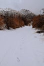 Snowy Hiking Trail views towards Lake Mountains Peak via Israel Canyon road towards Radio Towers in winter, Utah Lake, Wasatch Fro Royalty Free Stock Photo