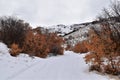 Snowy Hiking Trail views towards Lake Mountains Peak via Israel Canyon road towards Radio Towers in winter, Utah Lake, Wasatch Fro Royalty Free Stock Photo