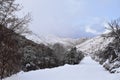 Snowy Hiking Trail views towards Lake Mountains Peak via Israel Canyon road towards Radio Towers in winter, Utah Lake, Wasatch Fro Royalty Free Stock Photo