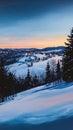 snowy hill with pine trees and distant village lights, serene twilight . Royalty Free Stock Photo