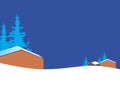 Snowy hills with houses, copy space, flat vector stock illustration with winter landscape, nature or mountain resort for design Royalty Free Stock Photo