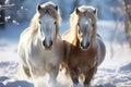 Snowy horses create a picturesque scene on a snowy backdrop