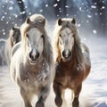 Snowy horses create a picturesque scene on a snowy backdrop