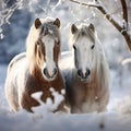 Snowy horses create a picturesque scene on a snowy backdrop